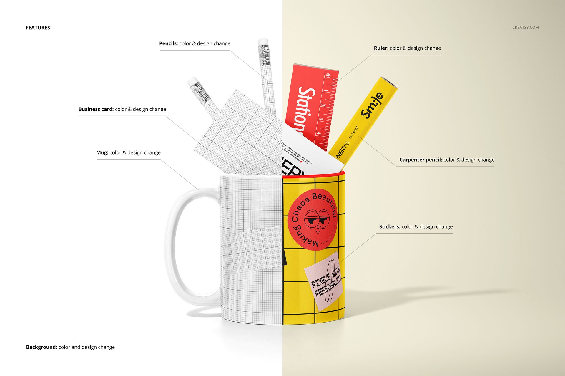 PSD mockup showing a ceramic mug with stationery items like pencils, ruler, and stickers, set against a divided backdrop.
