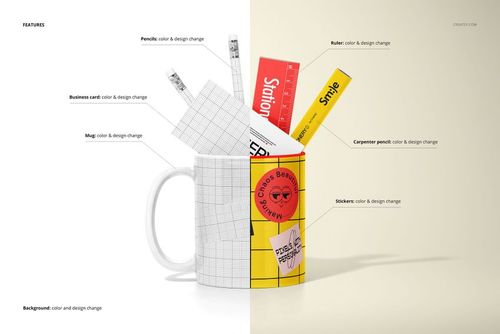 PSD mockup showing a ceramic mug with stationery items like pencils, ruler, and stickers, set against a divided backdrop.