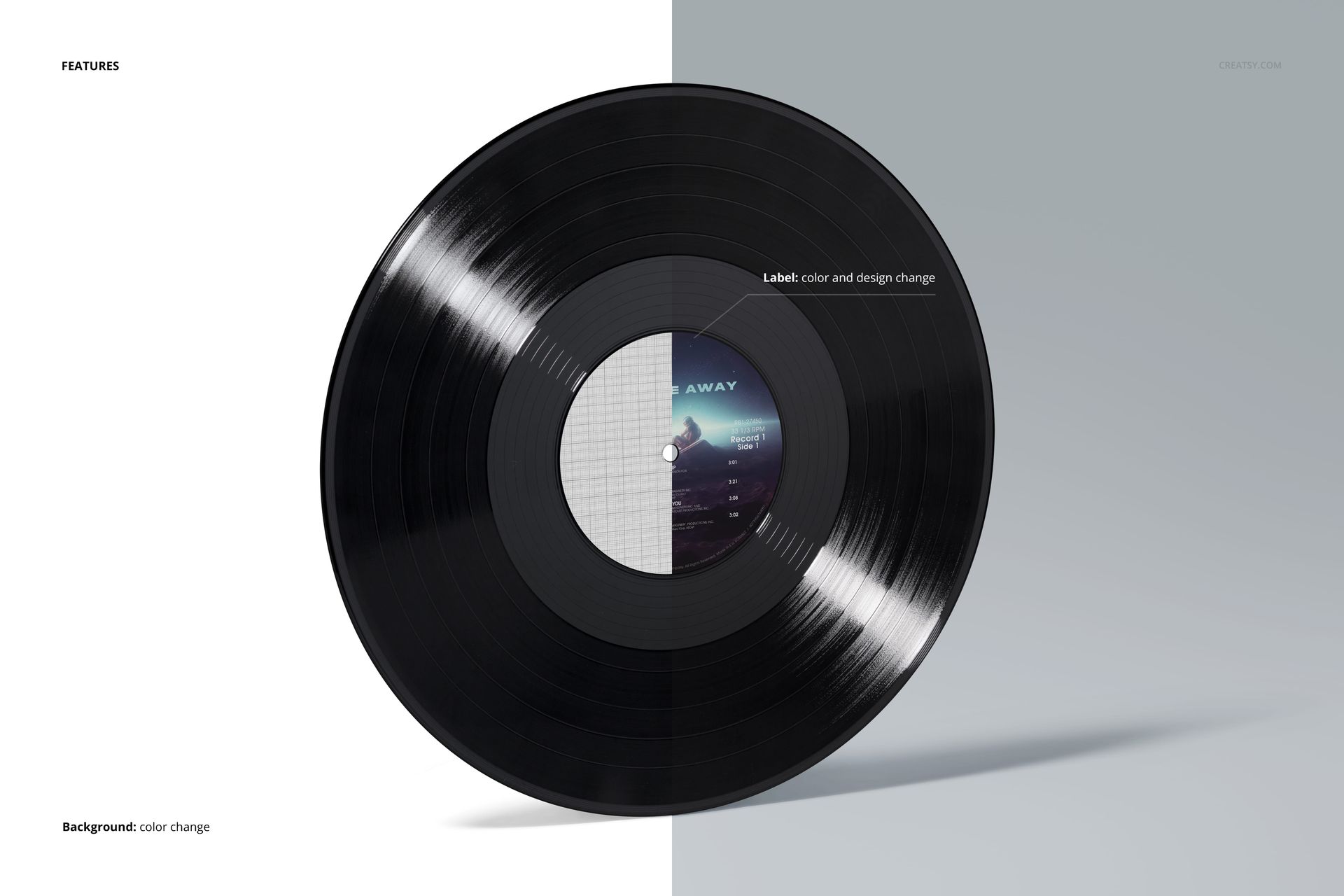 Top view of a black vinyl record mockup with editable label design, displayed on a half white, half gray surface.