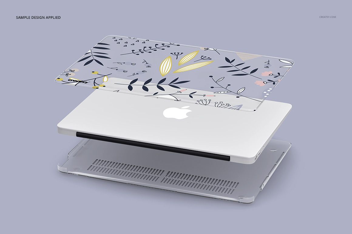 Macbook with clear case mockup shown in an exploded view, featuring a floral pattern on the top cover and a neutral background.