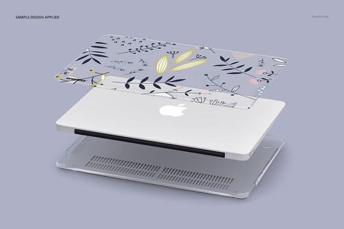 Macbook with clear case mockup shown in an exploded view, featuring a floral pattern on the top cover and a neutral background.