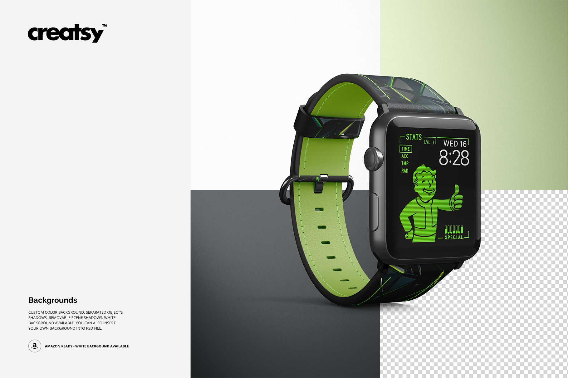 PSD mockup of an Apple Watch with a leather strap, green inner lining and stitching, shown from a front angle.