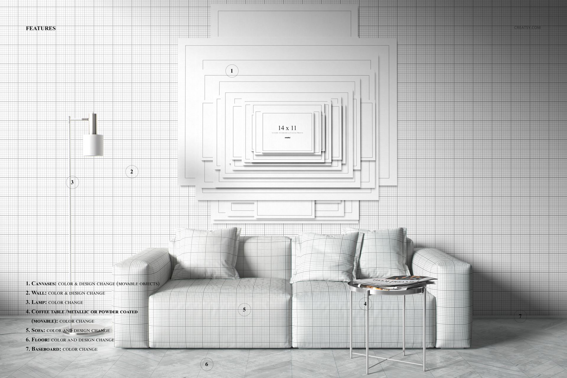 Modern Minimalist Living Room with Leather Sofa Canvas Prints Mockup - mockup screenshot 3