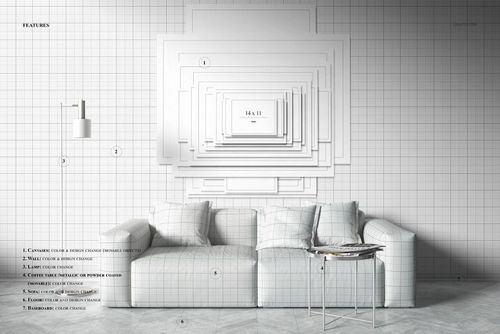 Mockup of a monochrome lounge showing a grid wall with stacked canvas prints above a sleek leather sofa and lamp.
