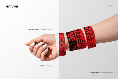 PSD mockup featuring a hand with layered festival wristbands in bold red and black, set against a minimal background.