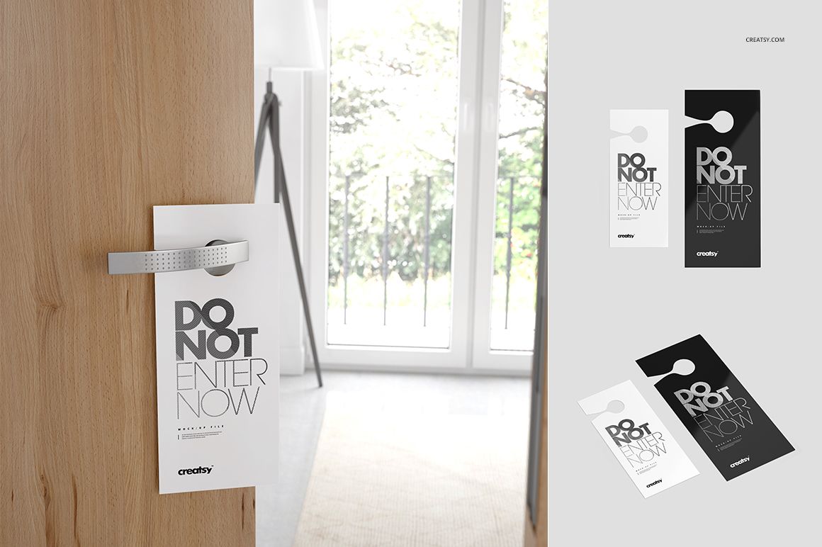 Front view of a wooden door with a white door hanger displaying bold text, next to two door hanger mockup variants on a light background.