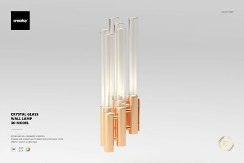 Crystal glass wall lamp with vertical cylindrical rods and gold-tone bases, shown on a light gray background.