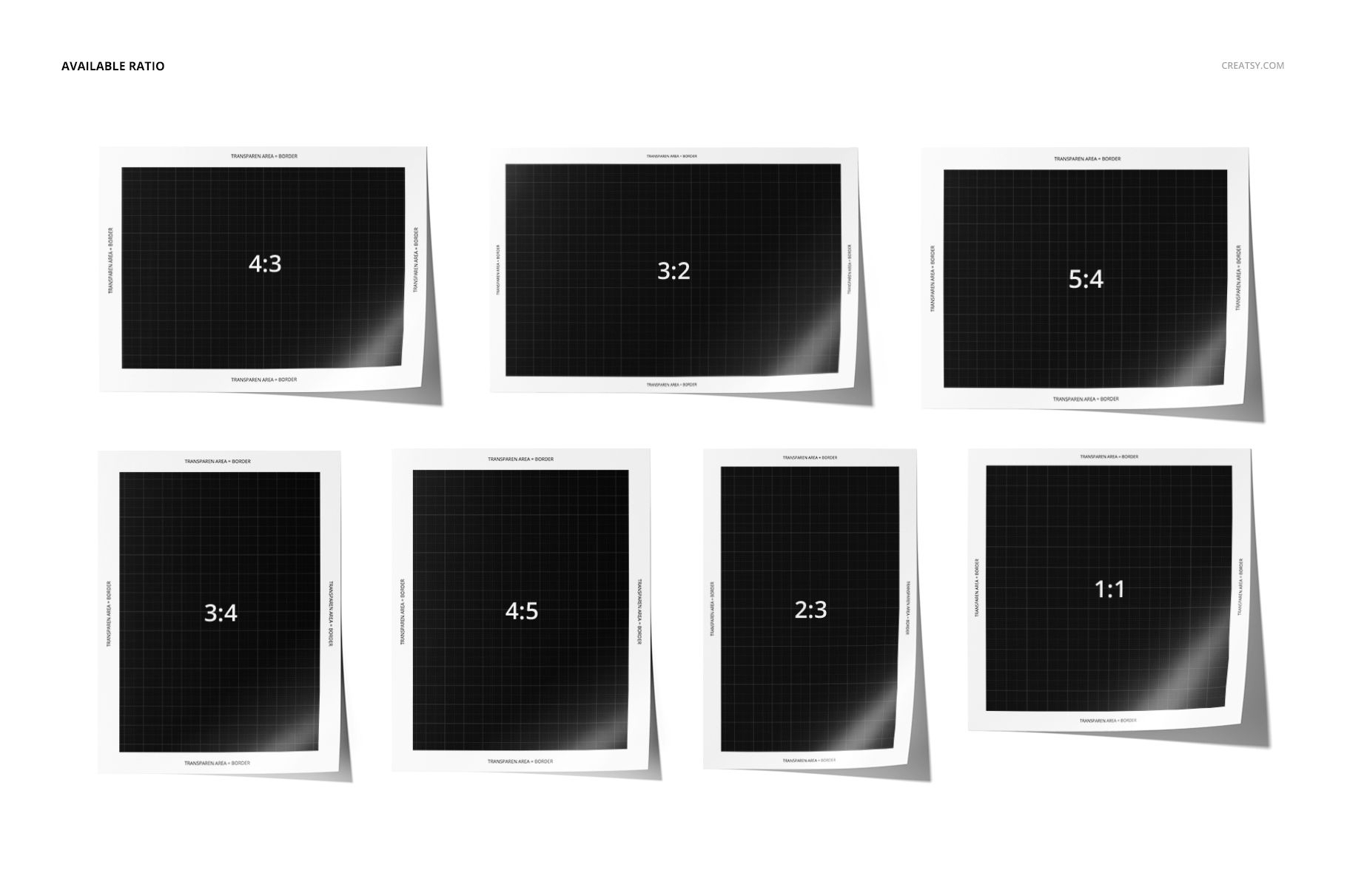 Seven rectangular photo print mockups in various aspect ratios, featuring white frames and black grid patterns.