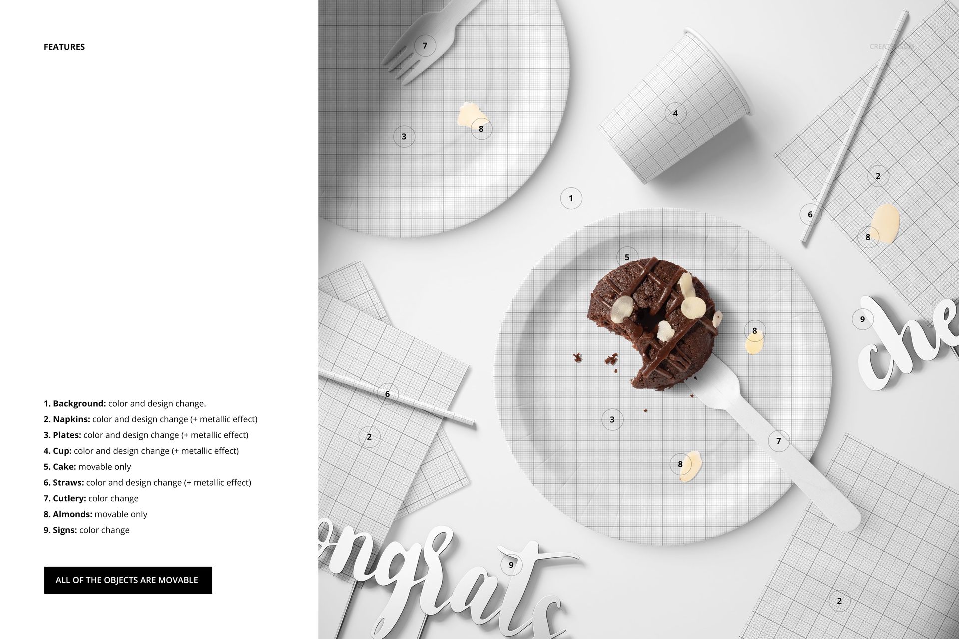 Top view of a party tableware mockup featuring paper plates, napkin, cup, fork, and chocolate cake on a white background.