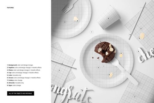 Top view of a party tableware mockup featuring paper plates, napkin, cup, fork, and chocolate cake on a white background.