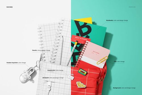 School backpack mockup featuring spiral notebooks, pencils, and keychain on a divided white and teal surface.