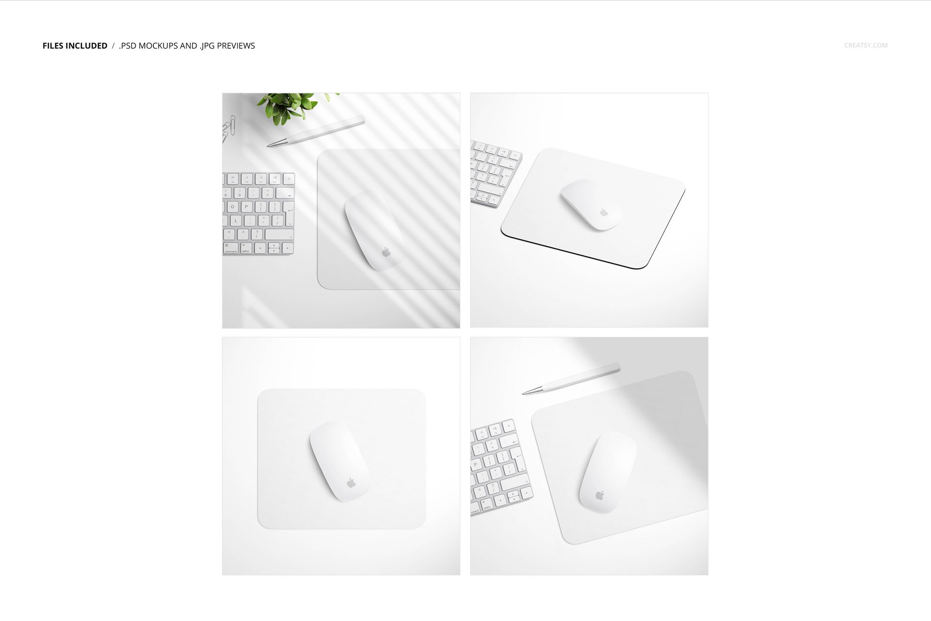 Rectangular mouse pad mockup shown in four views, featuring a white mouse and minimal desktop accessories.