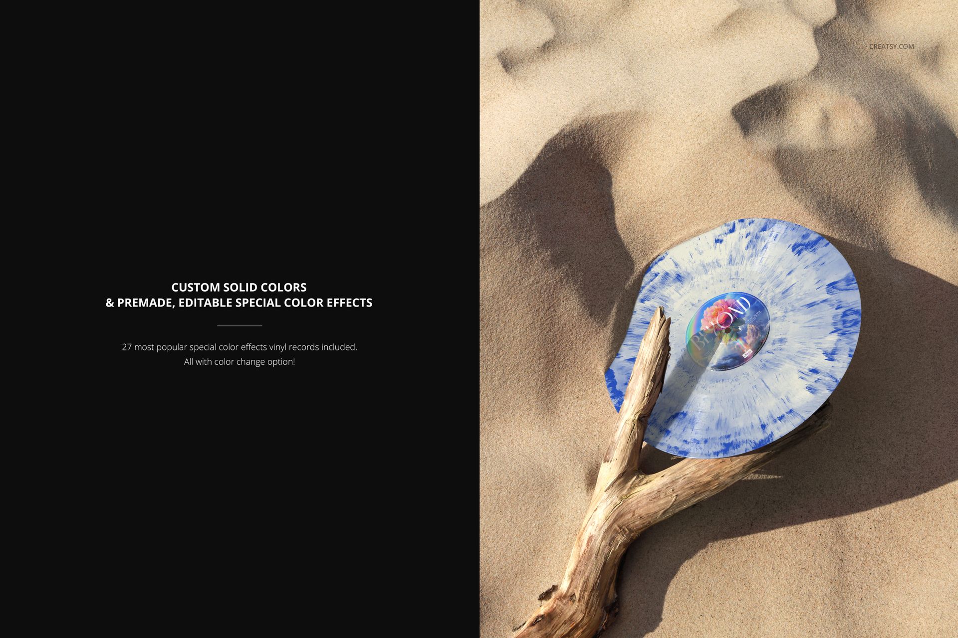 Blue and white marbled vinyl record mockup placed on sandy surface, supported by a weathered tree branch.