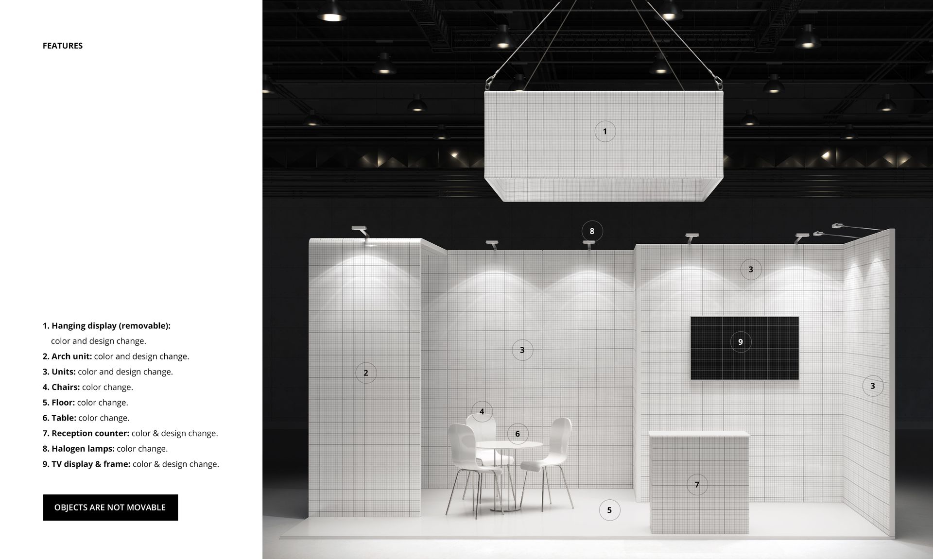 Trade show booth mockup with white tiled walls, reception counter, chairs, table, and overhead hanging display.