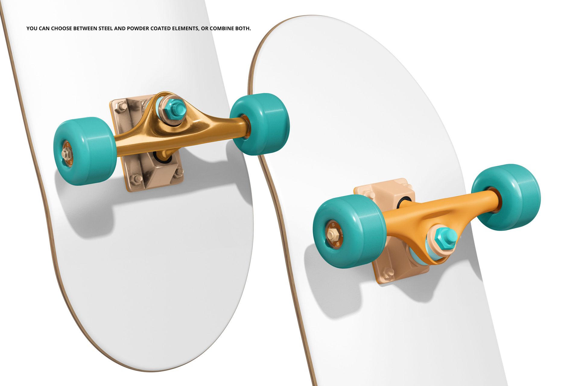 Close-up view of a skateboard deck mockup with gold trucks and teal wheels, shown on a white background.