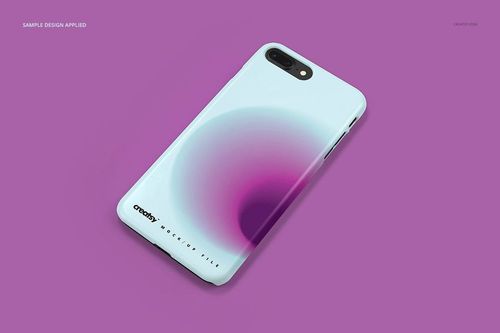 PSD mockup of an iPhone 7 Plus or 8 Plus plastic case with a soft purple gradient, presented in a three-quarter top view.