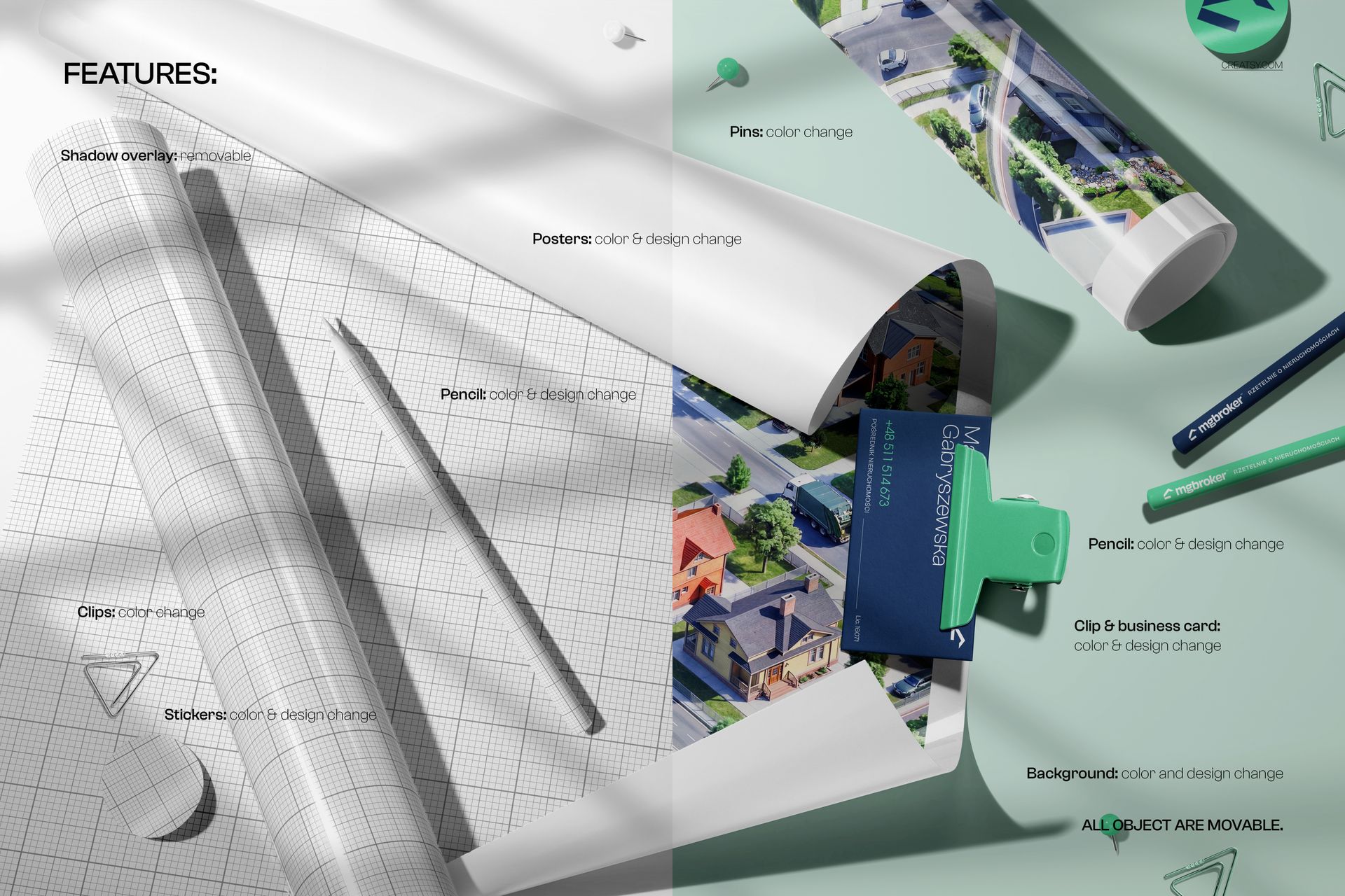 PSD mockup scene featuring posters, pencils, clips, business cards, and stickers arranged on a pastel background.