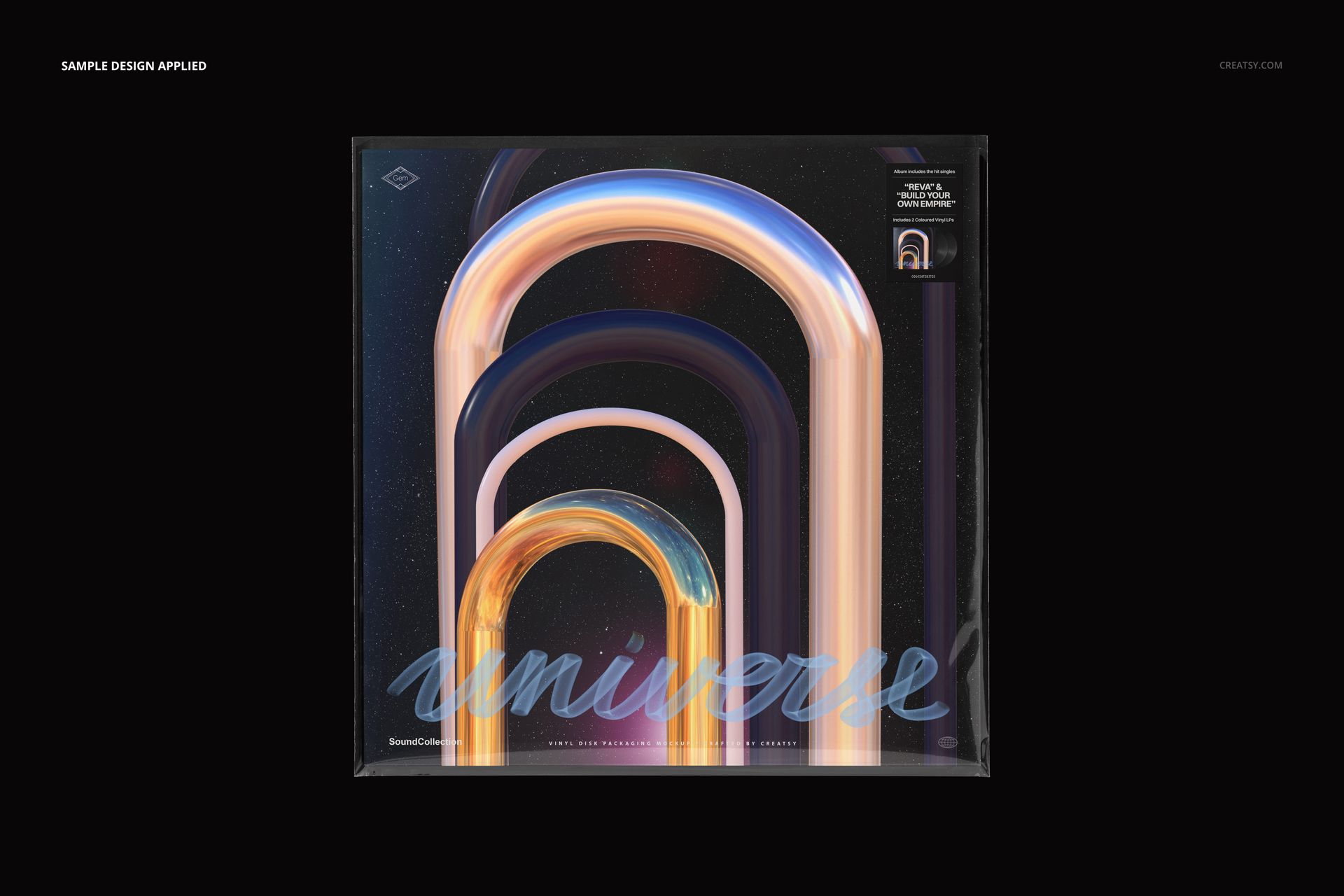 PSD mockup showing a black vinyl record in a transparent box sleeve with multicolored curved light streaks on the cover.