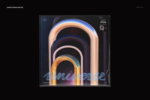 PSD mockup showing a black vinyl record in a transparent box sleeve with multicolored curved light streaks on the cover.