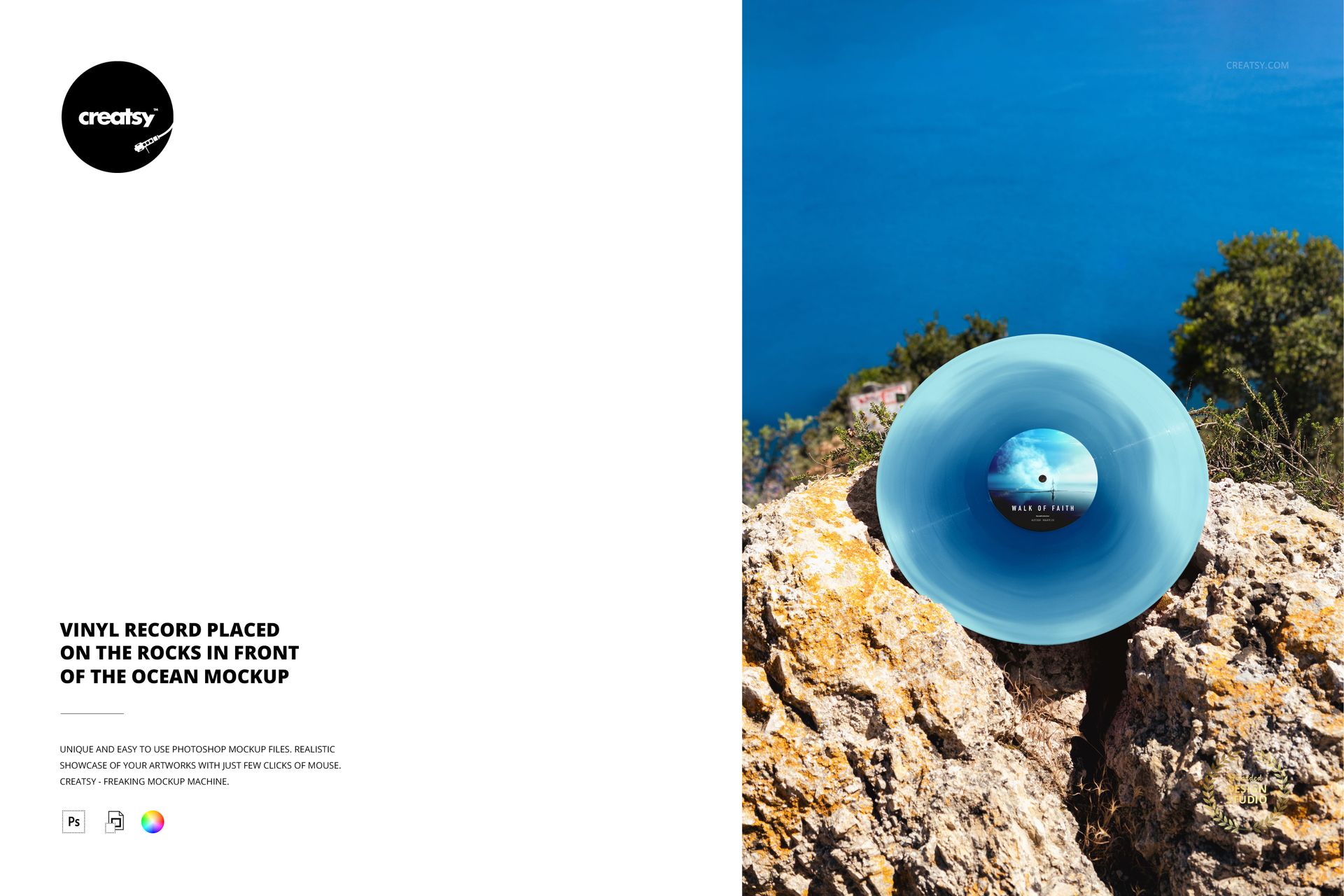 PSD mockup showing a vinyl record on a cliff edge above the sea, surrounded by rocks and a bright blue sky.
