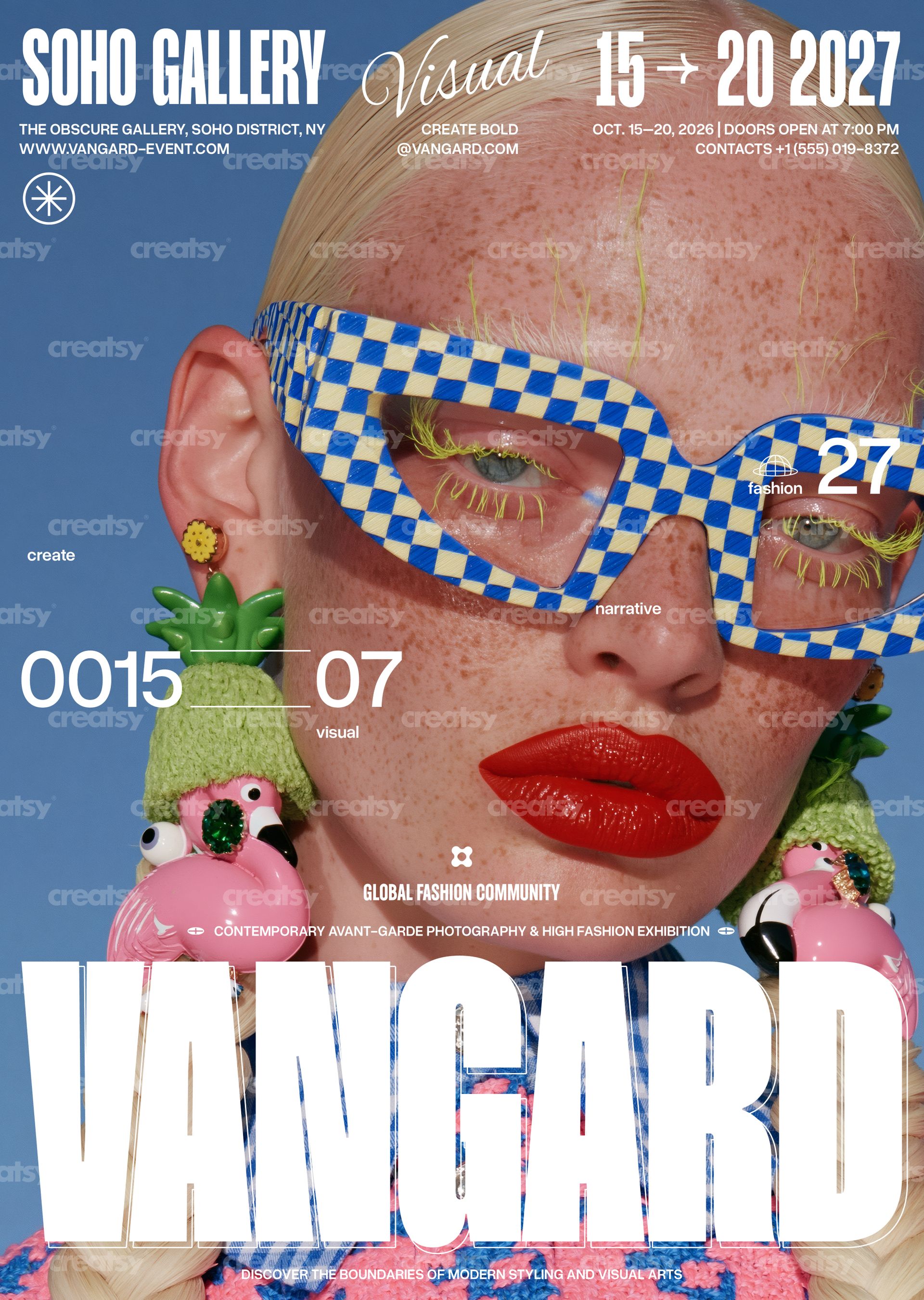 Front view of a poster mockup featuring a close-up of a person with blue checkered glasses and bright red lipstick.