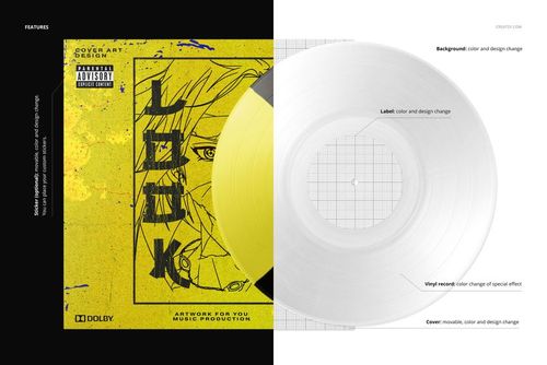 Front view of a split effect vinyl record mockup with a yellow cover featuring graphic artwork and bold text.