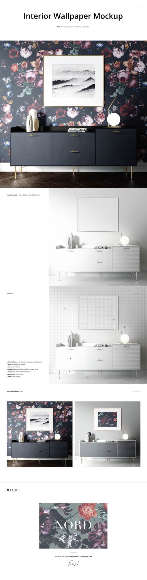 Interior wallpaper mockup featuring a dark floral pattern, sideboard, decorative vases, and framed artwork in a modern room.