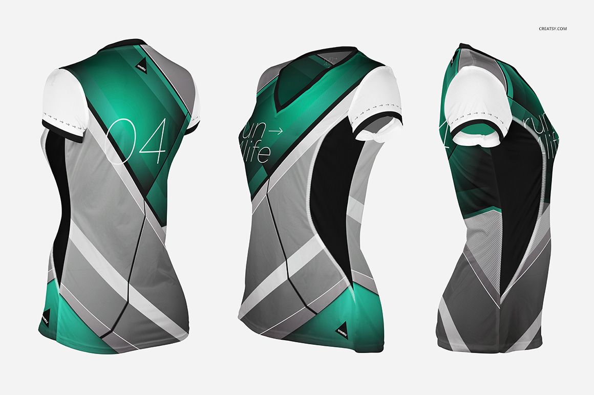 Women’s running jersey mockup featuring three side and angled views, geometric green, gray, black, and white pattern.