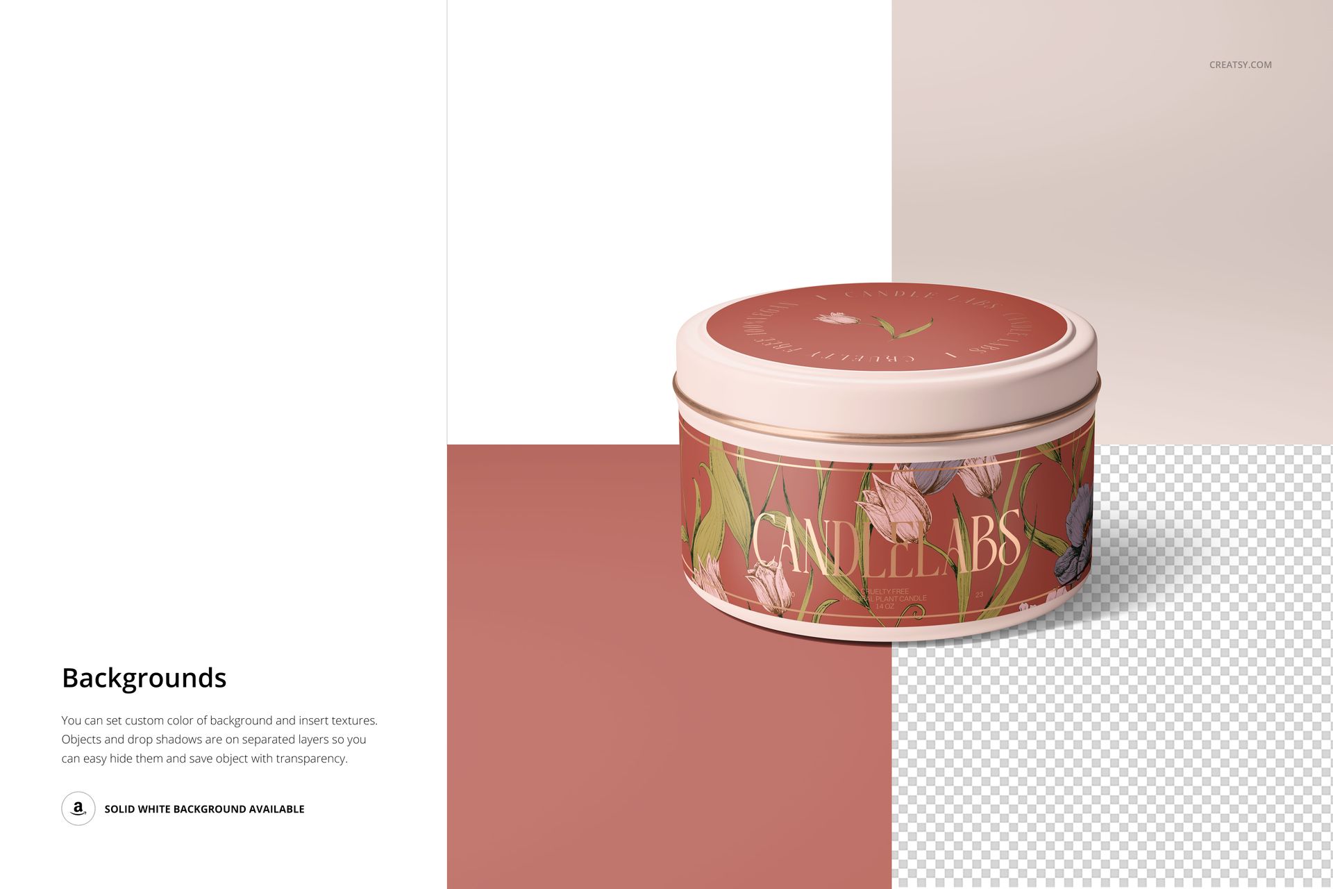 Satin finish candle tin mockup with wooden wick, floral design on the body, shown from a front perspective.