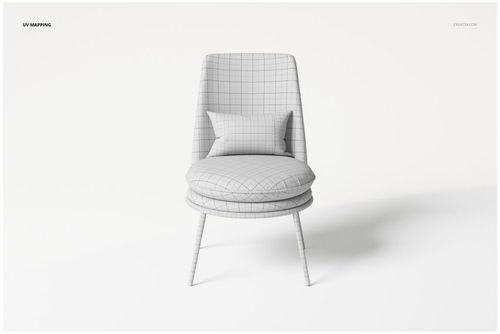 Front view of an upholstered armchair with a matching pillow, both featuring a light grid pattern on a white background.