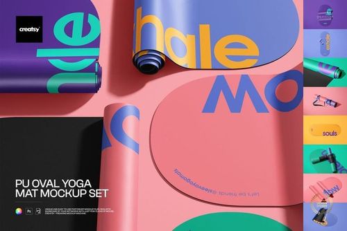 Top view of oval yoga mats in pink, purple, and blue with bold colorful text, displayed in a PSD mockup scene.
