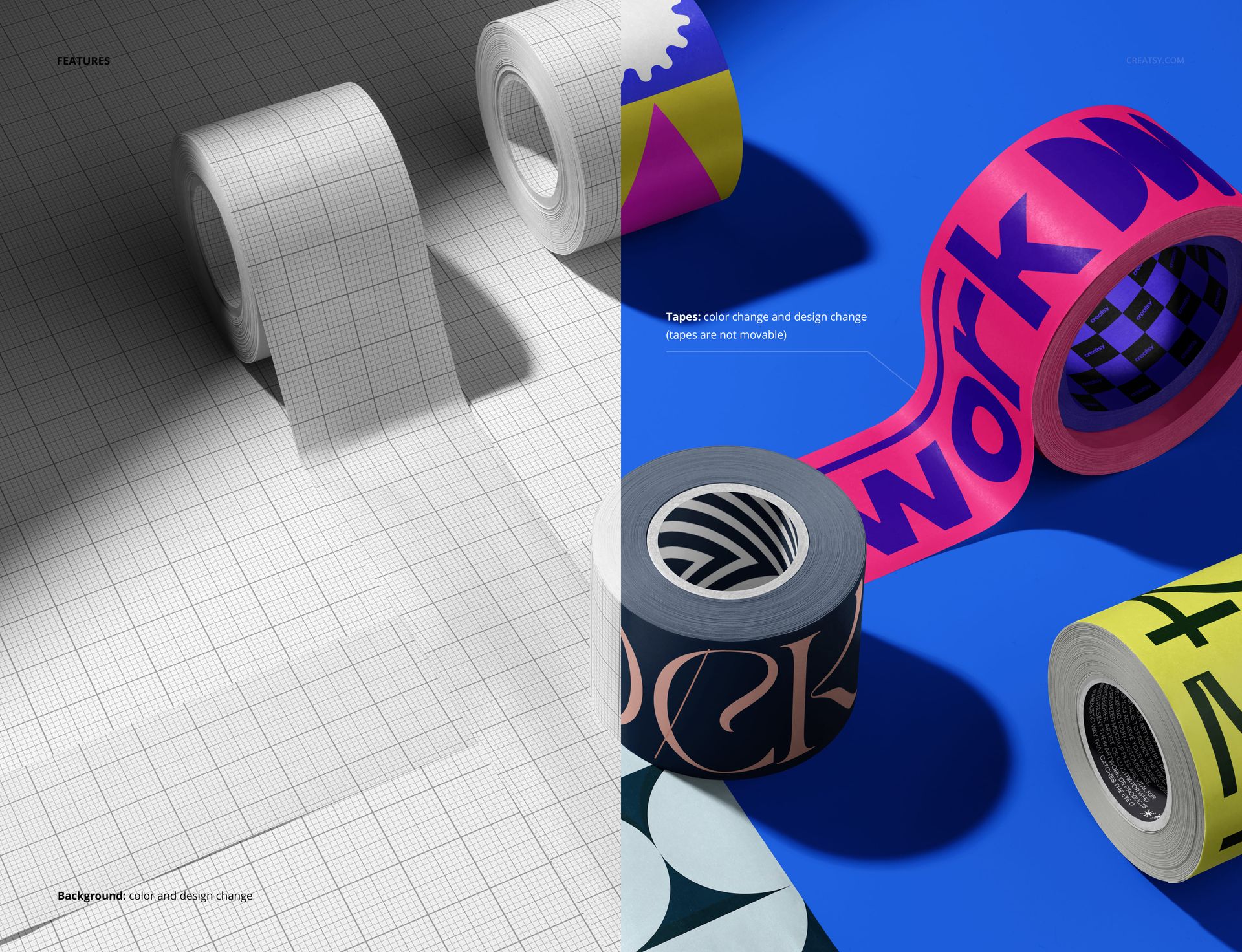 Packaging tape mockup showing multiple rolls with varied designs, set against contrasting grid and blue backgrounds.