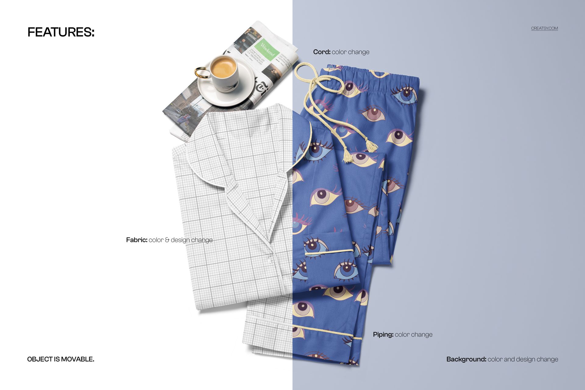 Short-sleeve pajama set with pants mockup displayed in a split view, featuring grid and eye patterns.