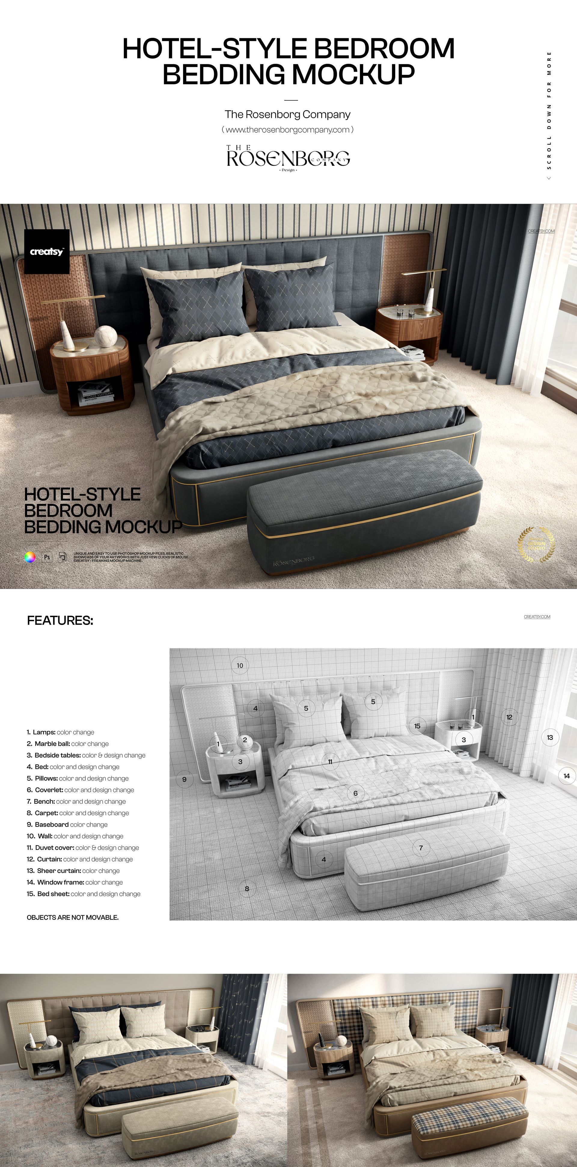 PSD mockup showing a stylish bedroom setup with a large bed, pillows, bench, wooden nightstands, and patterned wall.
