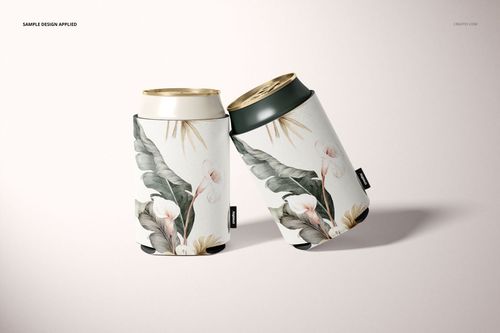 Front view of two neoprene can coolers featuring botanical designs, shown in a PSD mockup against a neutral backdrop.