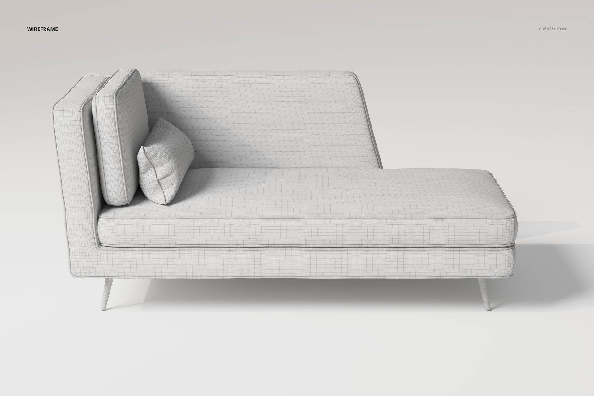 Chaise lounge sofa 3D model in wireframe style, shown from a side view with grid pattern and neutral background.