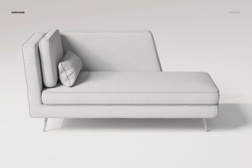 Chaise lounge sofa 3D model in wireframe style, shown from a side view with grid pattern and neutral background.