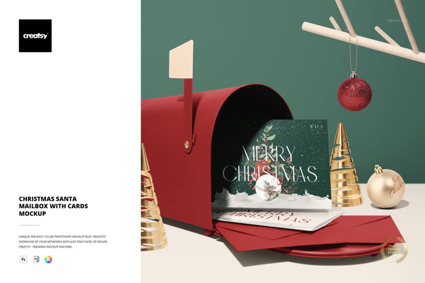 Red Christmas mailbox mockup with holiday cards, gold miniature trees, and ornaments on a green background, front view.