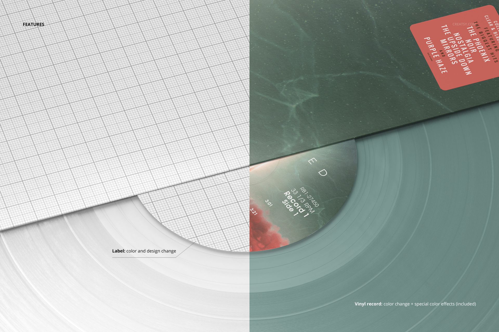 Close-up view of translucent colored vinyl record partially covered by an album cover, shown in a PSD mockup scene.