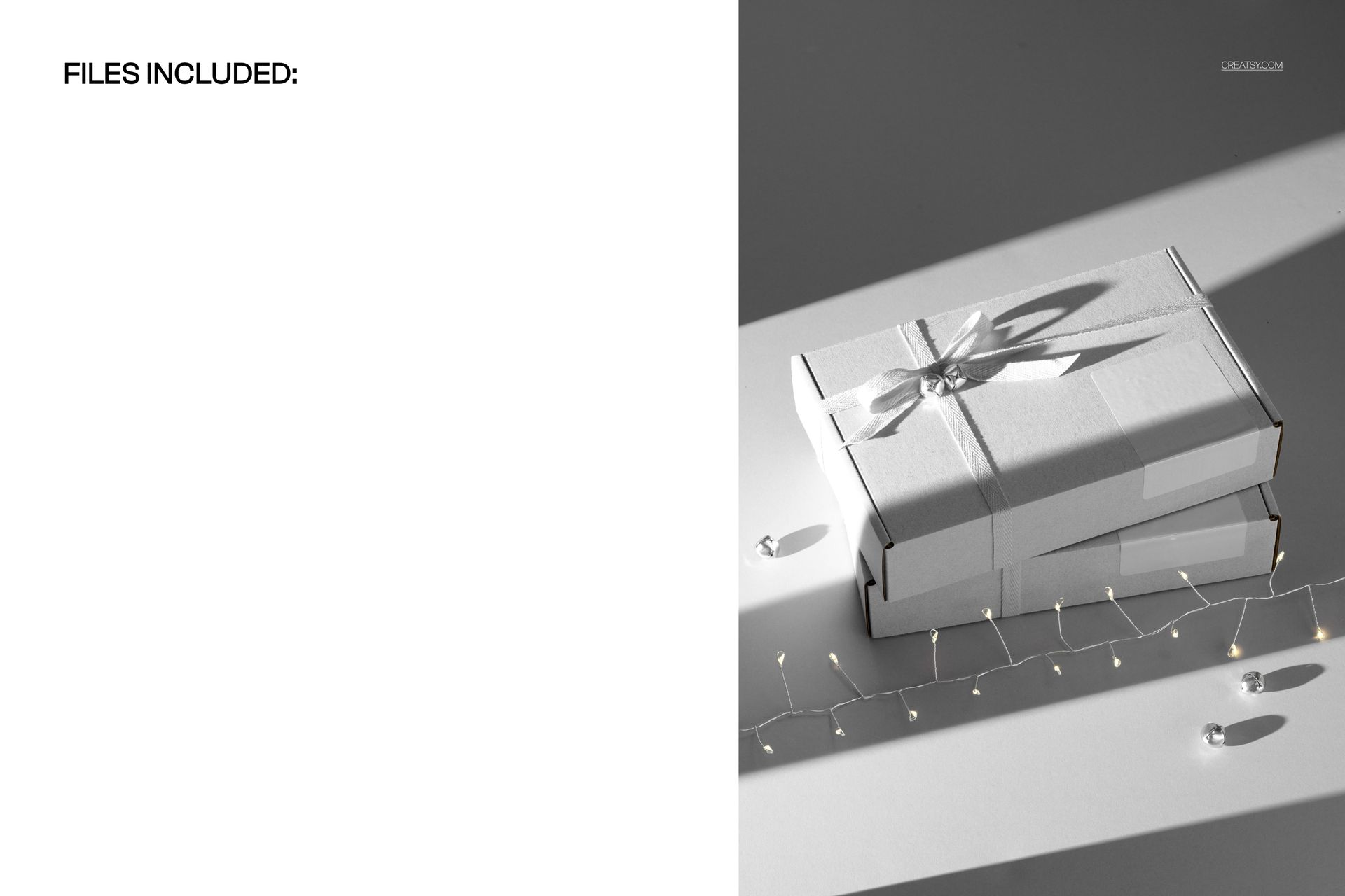 Christmas-themed PSD mockup featuring shipping boxes tied with ribbon, surrounded by string lights and subtle shadows.