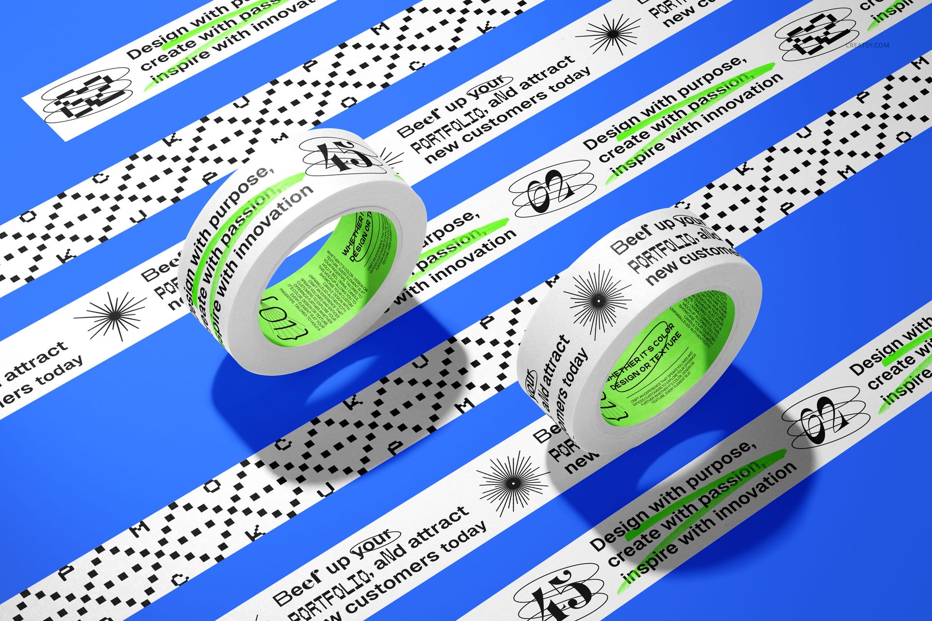 Packaging tape mockup with two rolls and several strips displayed on a blue surface, featuring black and green designs.