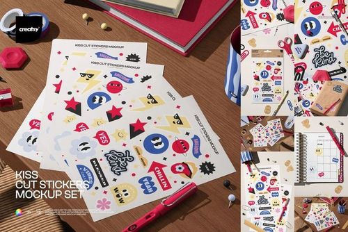PSD mockup of multiple sticker sheets with vibrant illustrations shown in a creative workspace setting.