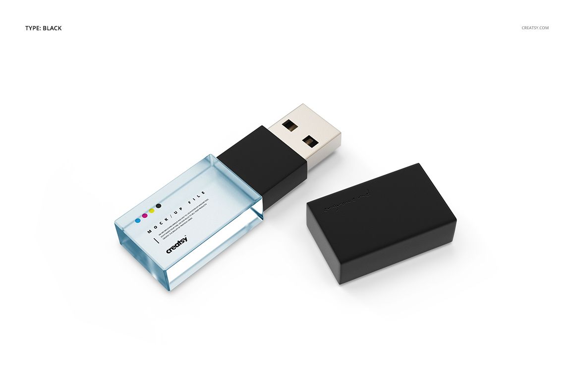 Acrylic USB drive mockup featuring a clear body and black cover, displayed with cap removed on a plain background.