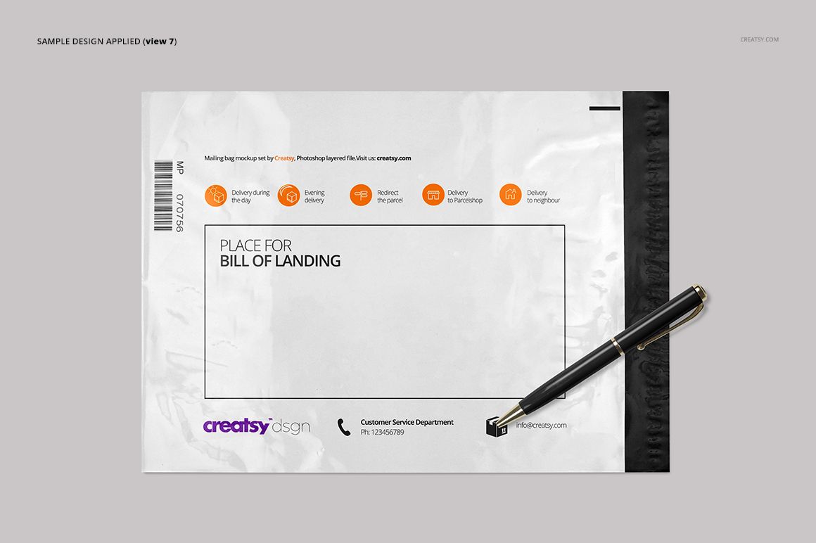 Mailing bag mockup featuring a white surface, black edge, and a pen accessory, shown in a top-down perspective.