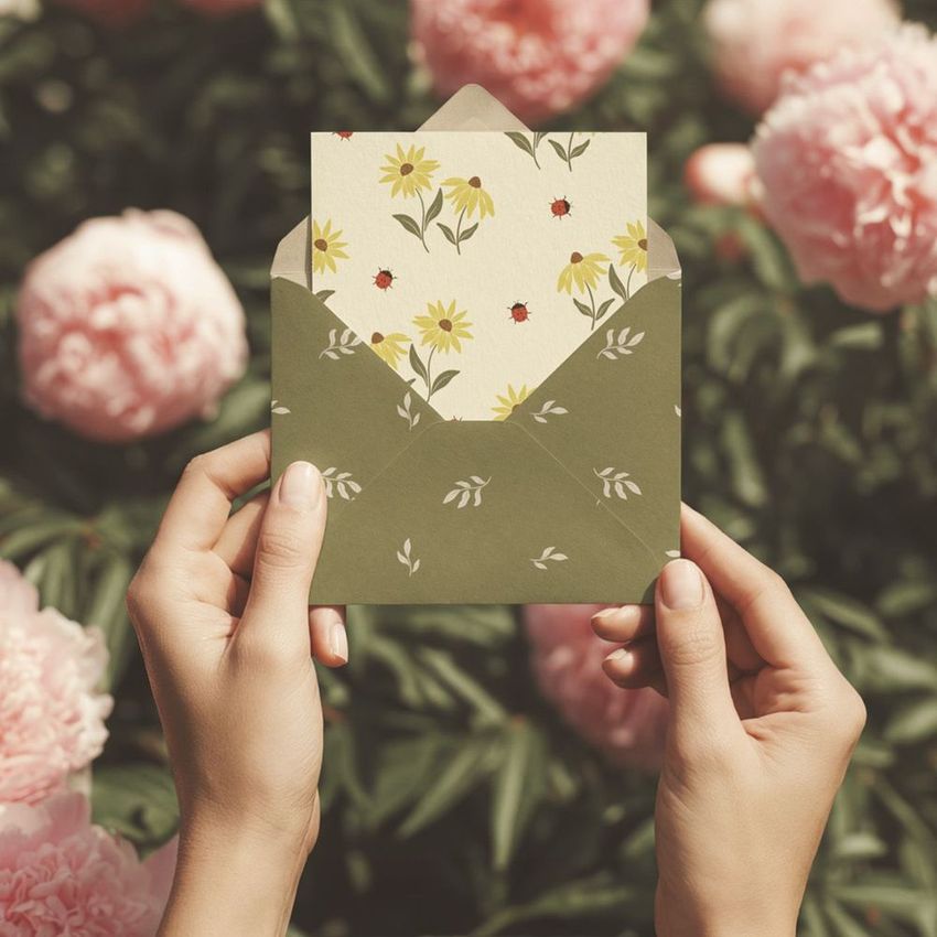 Close-up of hands holding a floral card and envelope mockup, with blooming pink peonies in the blurred background.