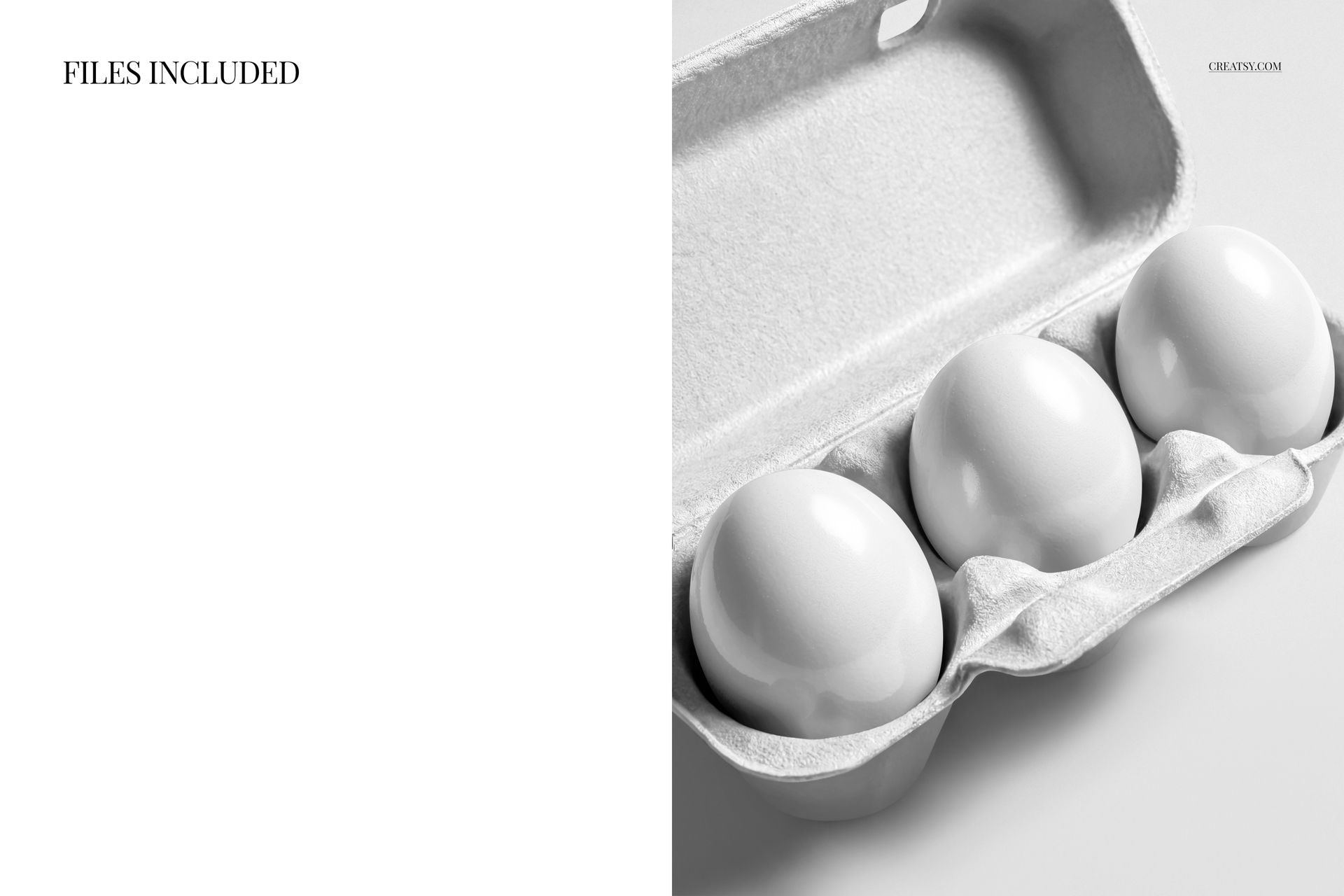 Top view of three white Easter eggs arranged in an open carton mockup, with soft shadows and minimal background.