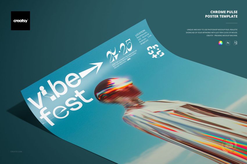 PSD mockup of a poster showing a chrome-style abstract figure and white lettering against a teal backdrop.