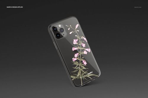 PSD mockup of an iPhone 11 Pro clear case with botanical artwork, set against a plain dark surface.