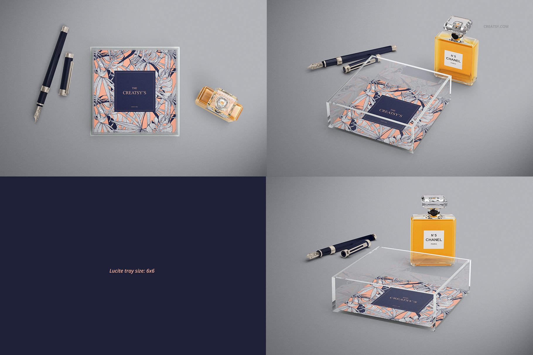 Lucite tray mockup set in various sizes shown from top and angled views, featuring clear acrylic and abstract designs.