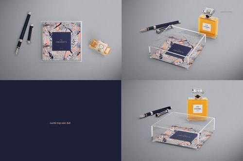 Lucite tray mockup set in various sizes shown from top and angled views, featuring clear acrylic and abstract designs.